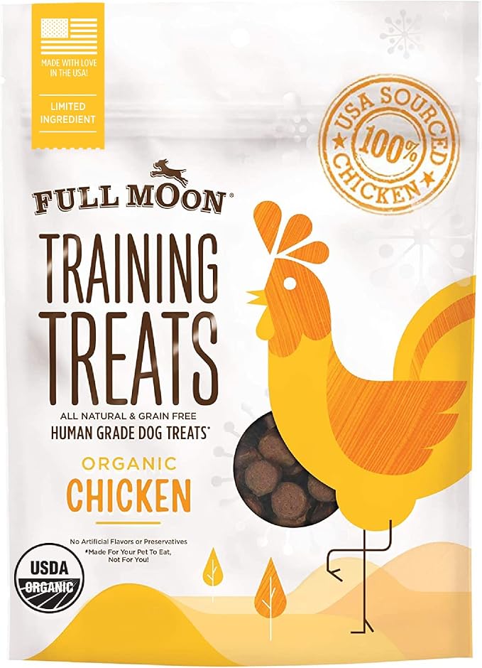 Full Moon USDA Organic Chicken Training Treats Healthy All Natural Dog Treats Human Grade 175 Treats 6 Ounce (Pack of 1) | Organic Chicken, Human Grade, No corn, No wheat, No soy, Glycerin Free, Made in the USA