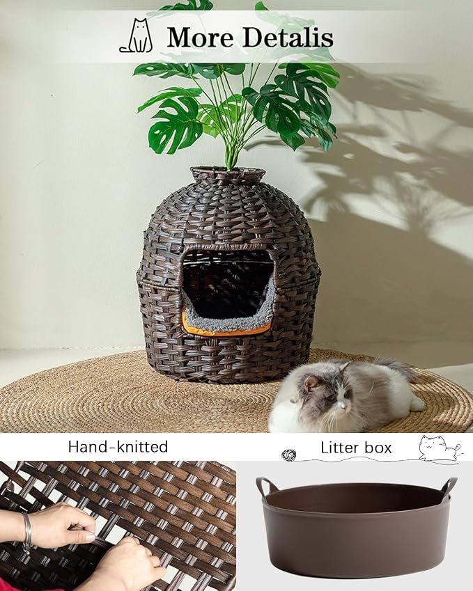 SETVSON Cat Litter Box Plant Furniture Enclosure, PE Rattan House, Brown | Decorative Planter Design, Removable Top for Easy Cleaning, Built-in Litter Box, Compact 20x20x38.97 Inches, PE Rattan House