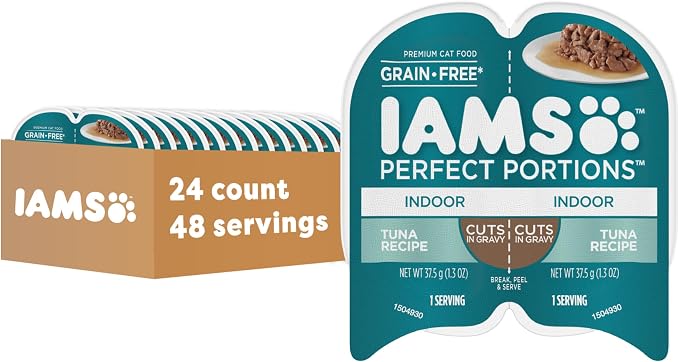 IAMS Perfect Portions Indoor Cuts in Gravy Wet Cat Food, Tuna, 24 Count | Made in USA, Snap, peel & serve, Vitamin E, prebiotic for digestion, no artificial flavors, 2.6 oz. twin-pack trays
