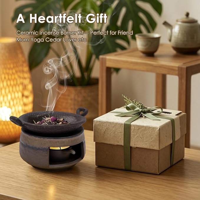 Ceramic Aromatherapy Burner, Incense Burner Kit with Clip and Pine Pad, Essential Oil Burner, Zen Incense Holder for Home Fragrance, Meditation, Relaxation & Bedroom Decor