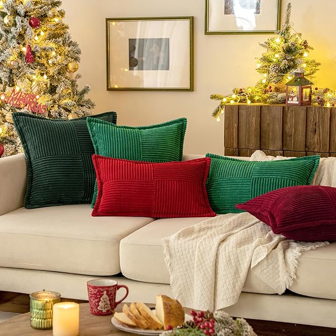 MIULEE Decorative Euro Sham Throw Pillow Covers 22x22 Inch Dark Green | 2 Pack, Boho Broadside Striped Patchwork Pillow Covers, Soft Corduroy Cushion Cases, For Bed Sofa Couch Livingroom Home Decor