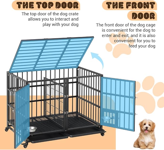 42 Inches Heavy Duty Dog Crate, Large Metal Dog Kennel with Flexible Divider, 2 Door, Feeding Bowls, Dog Cage House with Removable Tray and Wheels for Small Medium Large Pets