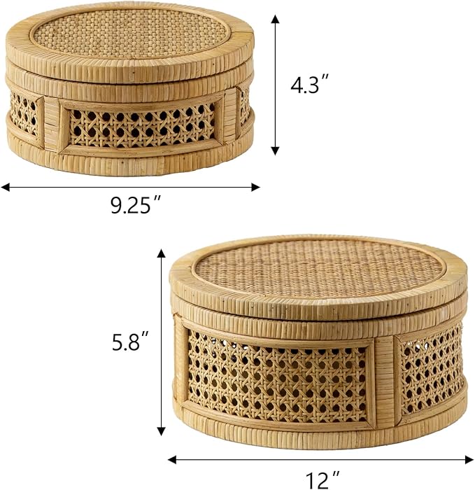 Rattan Decorative Box, Boho Decorative Boxes with Lids, Set of 2 Round Farmhouse Wicker Storage Box, Natural Woven Cane Bins for Home Decor