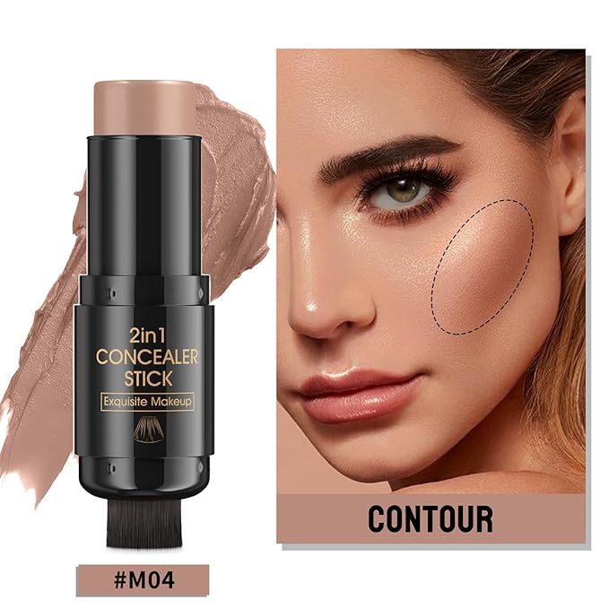 2 In 1 Face Cream Contour Stick Makeup with Built-In Brush, Makeup Concealer Stick for Women, Long Lasting, Waterproof, Matte (#04)