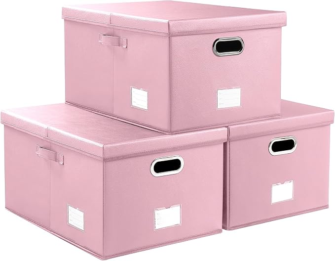 Collapsible Storage Box with Lid [3-Pack] Leather Fabric Foldable Storage Bin Organizer Container Basket Cube with Cover for Home Bedroom Closet Office Nursery Pink(22.8X15.7X11.8)