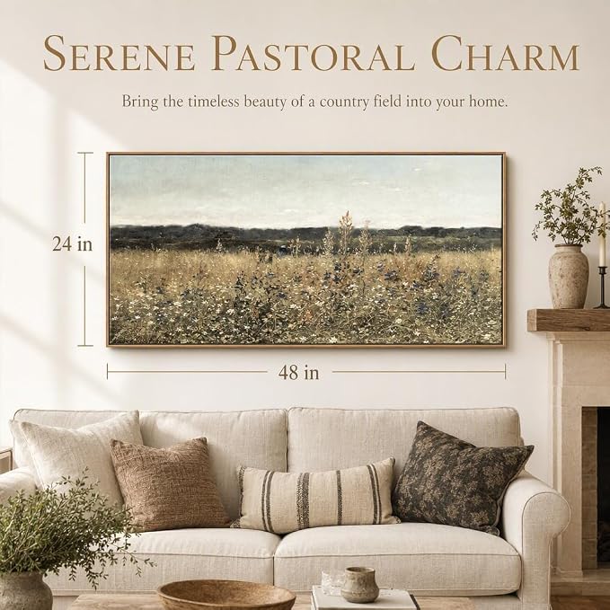 DJSYLIFE Wildflower Fields Framed Wall Art, Vintage Landscape | 24x48 Inch Canvas Prints, Solid Wood Frame, Ready to Hang, Flowers Painting, Country Farmhouse Decor for Living Room, Bedroom