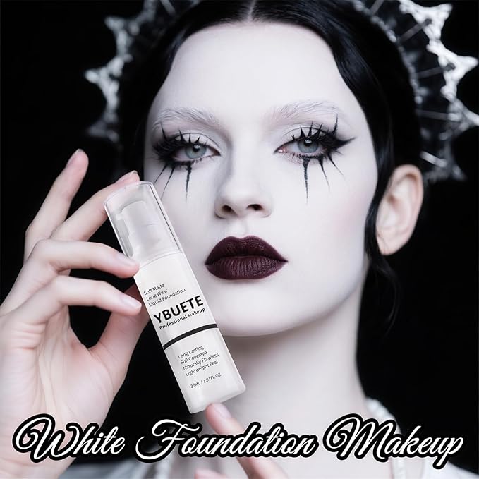 White Liquid Foundation for Halloween Goth Makeup,Professional Waterproof Full Coverage White Foundation for SFX Skeleton Ghost Zombie Clown Cosplay Makeup Face Paint for Adult Halloween Party