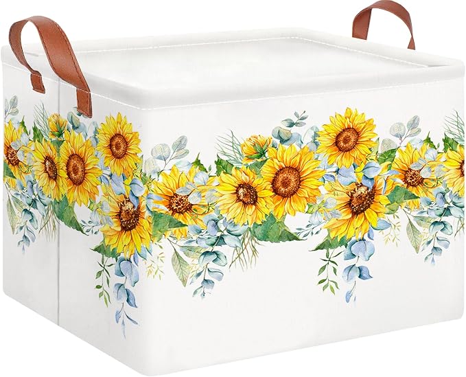 CLOCOR Rectangular Storage Basket Empty,Gift Basket,Waterproof Storage Bin with Handles,Room Decor(Sunflower Rope)