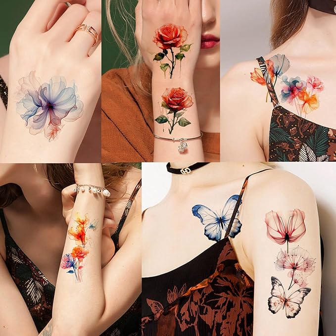 GLARYYEARS Temporary Tattoos for Women Girls, 45-Pack Large&Small Fake Tattoos, Long-lasting Flower Floral Butterfly Tattoo, Variety Pack Realistic Tattoos 3D, Cool on Arm Leg Wrist Hand Body