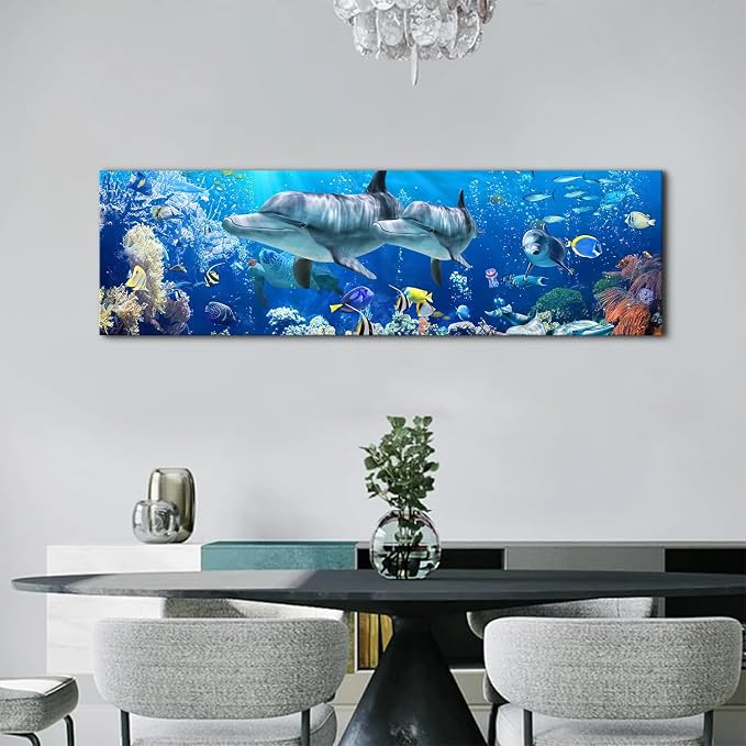 Large Dolphin Wall Art for Bathroom Nautical Theme Picture Ocean Coastal Room Decor Nature Blue Seascape Painting Prints Under The Sea World Landscape Poster Artwork Living Room Decorations 14x48"