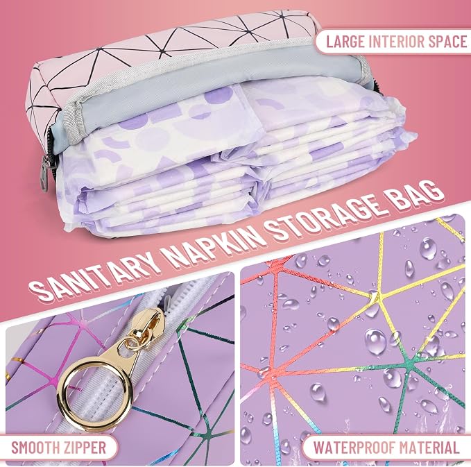 Tampon Holder for Purse Period Bag Waterproof Geometric PU Sanitary Napkin Storage Bag Portable Menstrual Cup Pad Pouch Cute Makeup Bag Feminine Gift Vibrant Purple