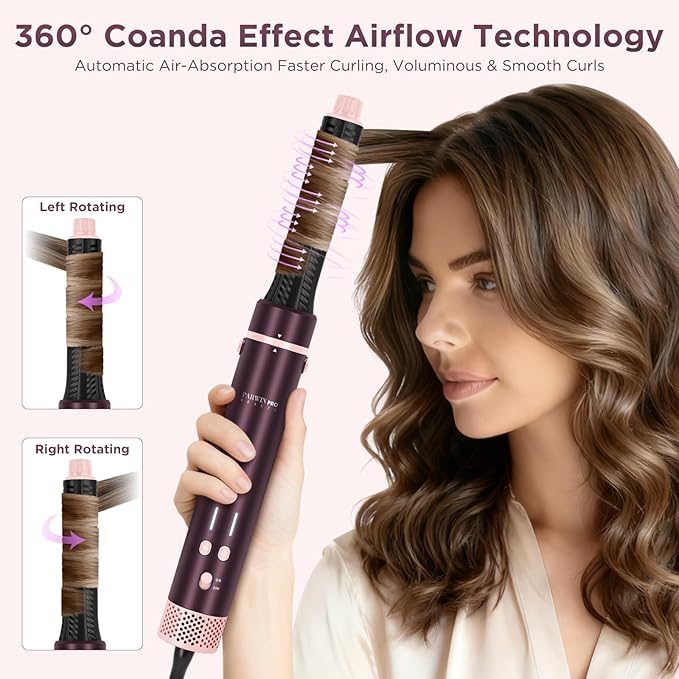 7-in-1 Hot Air Styler, PARWIN PRO BEAUTY Dual Voltage MaxAIR 2.0 Multi-Styler Set, 110,000RPM High Speed Hair Dryer Brush with Air Hair Straightener, 1.1 Inch Auto-Wrap Curlers, Jasper Plum