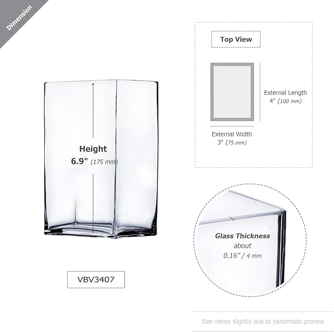WGV Glass Rectangle Block Vase Bulk, Width x Length 3" x 4", Height 6.5", Clear Floral Planter Container Votive Candle Holder Wedding Party Event, Home Office Decor, 12 Pieces