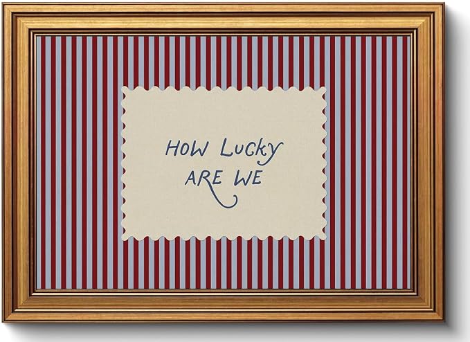 How Lucky Are We Gold Framed Wall Art Striped Quotes Wall Decor Art | Preppy Inspirational Picture Canvas Art Funky Vintage Small Framed Prints Artwork For Apartment Dorm Bedroom Vanity Bookshelf