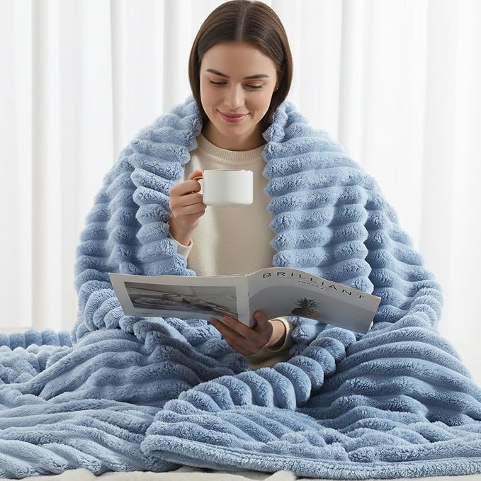decorUhome Blue Grey Fleece Twin Blanket 60x80 Inches | Soft Couch Cozy Fluffy Plush Flannel Striped Blanket for Sofa Bed, Lightweight Decorative Ribbed Fuzzy Blanket for Woman