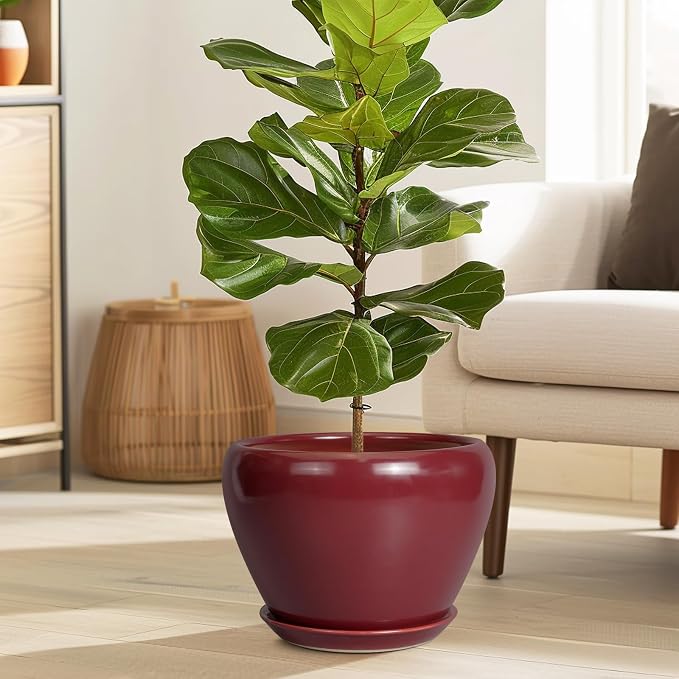 Ceramicfor 10 Inch Plant Pot - Ceramic Planter Pot with Drainage Hole and Saucer Large Planter for Indoor Plants Round Outdoor Flower Pot Mid-Century Decor Red