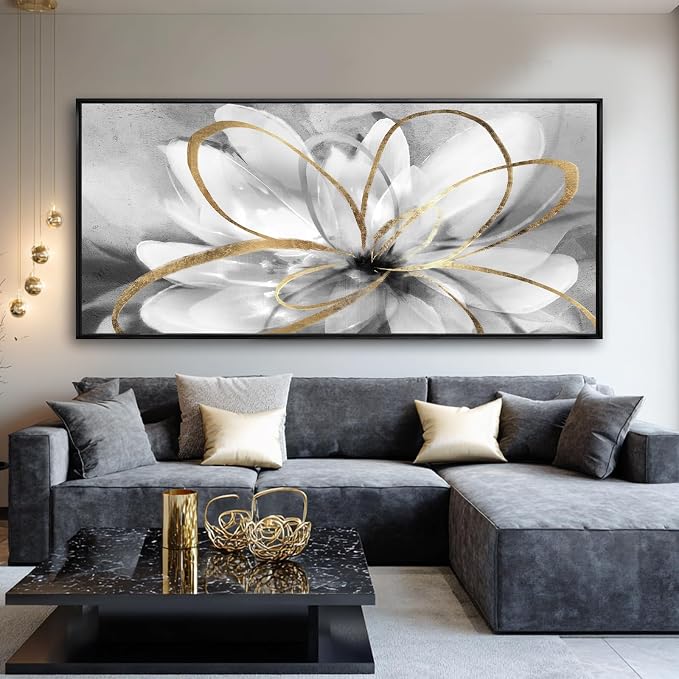 Grey Home Wall Decor Modern Canvas Prints White Flower Framed Wall Art 32"x70" Large Artwork for Living Room Pictures for Office