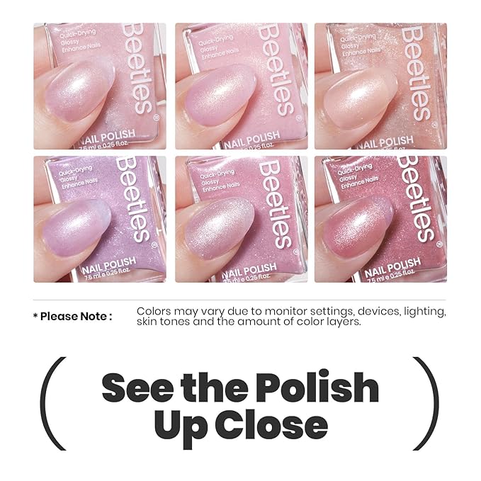 Beetles Pink Nail Polish Set, 6 Colors Glitter Quick Dry Nail Polish Kit Sly Moonlit Fairy Fingernail Polish Gifts for Women Salon DIY Spring Nails