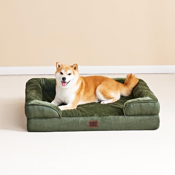 EHEYCIGA Orthopedic Small Dog Bed, Waterproof Memory Foam Washable Pet Beds | Non-Slip Bottom and Egg-Crate Foam Medium Pet Couch Bed with Washable Removable Cover, Dark Green