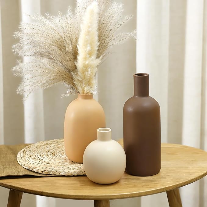 Large Ceramic Vase Set of 3, Brown Rustic Vases Home Decor Waterproof | Farmhouse Vases for Pampas Grass & Dried Flowers and Table Living Room Home Decor