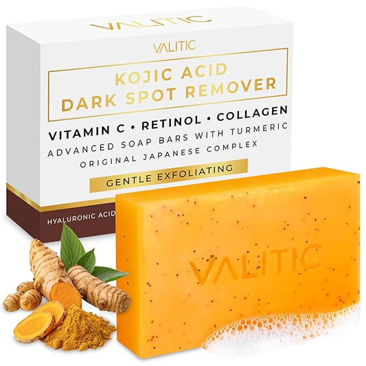 VALITIC Kojic Acid Soap - Turmeric Soap for Dark Spots for Face and Body - Exfoliating Bar for Hyperpigmentation, Skin Tone Corrector with Retinol, Vitamin C, Collagen and Hyaluronic Acid - 1 Pack