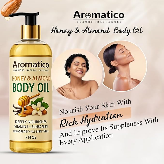 Aromatico Honey & Almond Body Oil for Women – 7 fl oz | Moisturizing After Shower Body Oil for Daily Use | Cozy & Creamy Fragrance