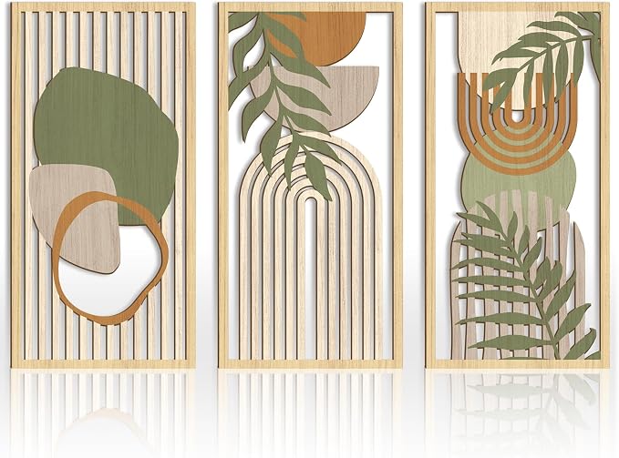 IARTTOP Boho Mid-Century Modern Wood Wall Art 16x32 Inch Large Green Abstract Wood Wall Decor Mid Century Bohemian Artwork for Bedroom Living Room Office Kitchen Set of 3