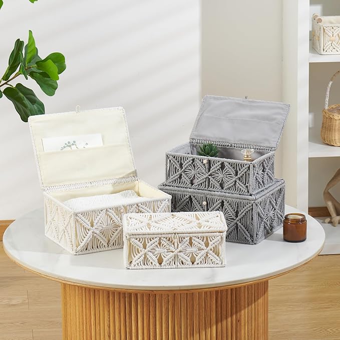 2PCS Decorative Boho Storage Basket with Lid Natural Macrame Box | Handmade Cotton Rope Woven Bins, Shelf Desk Organizer Container for Jewelry Memory Keepsake Photo Makeup, Gray, Small&Large