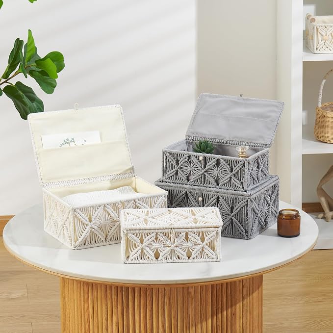 2PCS Decorative Boho Storage Basket with Lid Natural Macrame Box | Handmade Cotton Rope Woven Bins, Shelf Organizer Container for Jewelry Memory Keepsake Photo Makeup, Off White, Small&Large