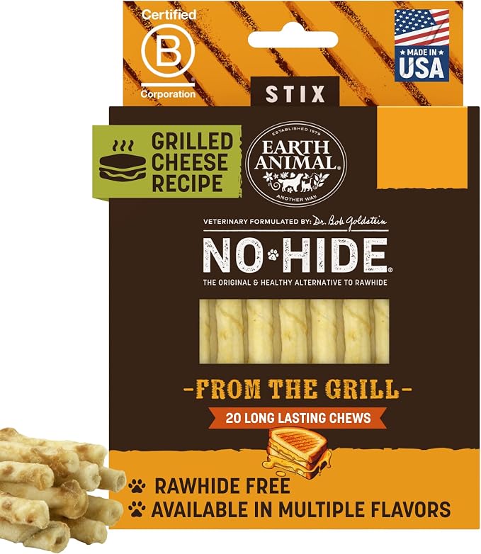 Earth Animal No Hide Stix - Rawhide Free Dog Chews 20 Count Grilled Cheese | Small Sticks Grilled Cheese Flavored Natural Rawhide Free Long Lasting Dog Chews - Treats for Small Dogs and Cats
