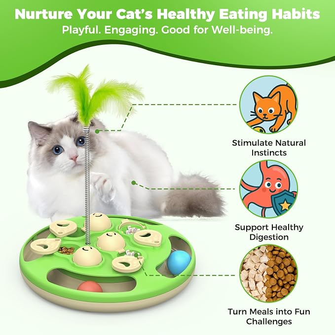 Cat Puzzle Feeder, 3 in 1 Interactive Cat Treat Puzzle Toy with Track Balls, Feather Teaser & Slow Feeder Insert, Non-Slip Base, Level 3 Mental Stimulation Enrichment Toy for Bored Indoor Cats