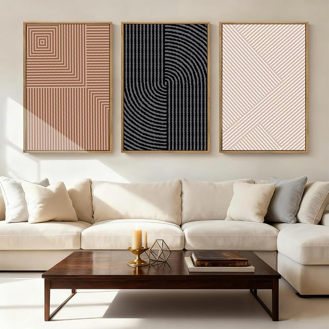 ANHUIB Neutral Abstract Modern Canvas Wall Art Set of 3 Framed Black and White Beige Wall Decor Boho Minimalist Artwork for Walls Geometric Line Painting for Living Room Bedroom Office 16x24 Inch
