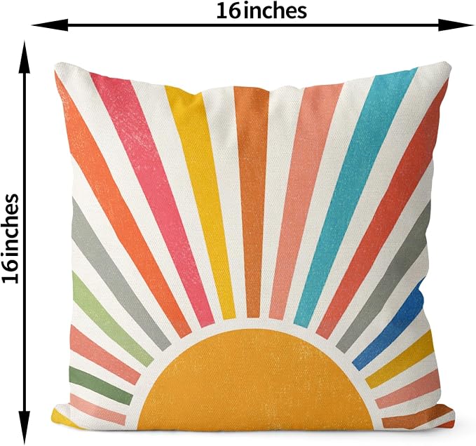 Summer Pillow Covers 16x16 Set of 2 Colorful Stripes Yellow Sunshine Throw Pillows Outdoor Boho Rainbow Sun Decorative Pillow Cases Linen Modern Farmhouse Cushion Case for Home Bedroom Decor