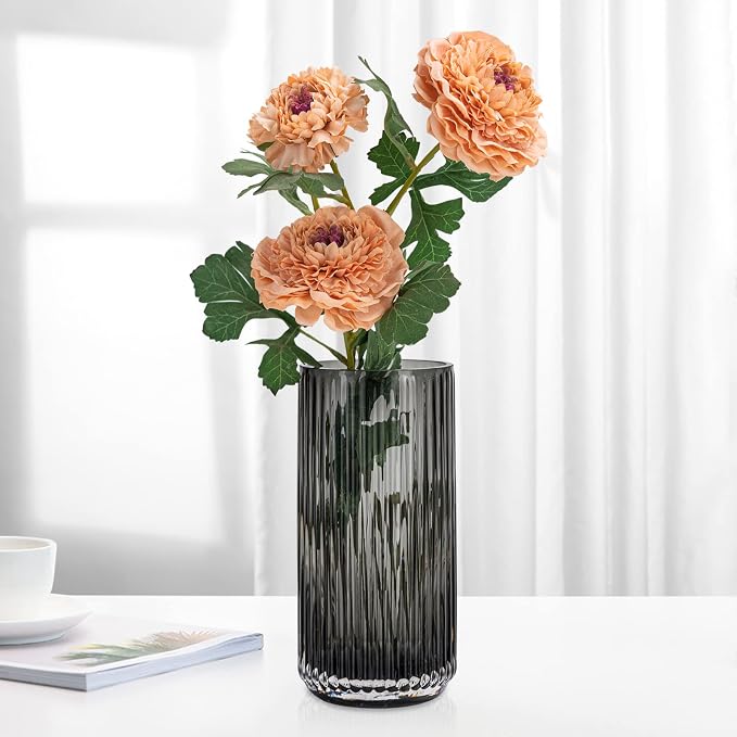 Flower Vase 10 inch Grey Thickened Hand Blow Glass Vase Round Vintage Striped Bottles for Bookshelf,Dinner Table,Indoor Office Desktop,Meeting Room,Bathroom,Countertop,Home