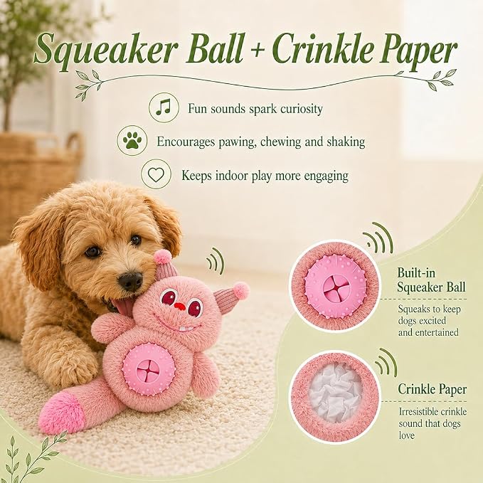 Cute Monster Plush Dog Chew Toy – Squeaky Ball, Crinkle Paper & Treat Dispenser, Washable Interactive Stuffed Toy for All Breeds, Relieves Boredom & Anxiety（Pink）