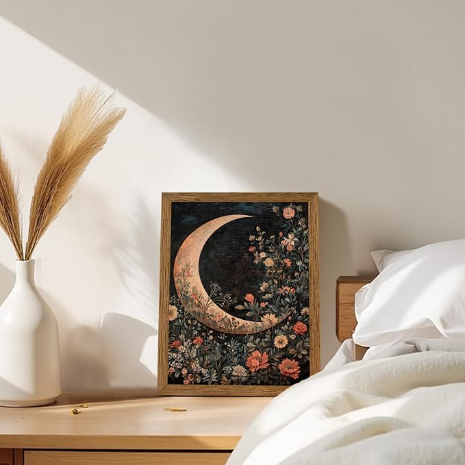 JLTULT Floral Moon Wall Art, Gothic Botanical Framed Canvas, 8 x 10 In | Dark floral moon art on fade-resistant canvas with a ready-to-hang wood frame for bedrooms, living rooms and bathrooms