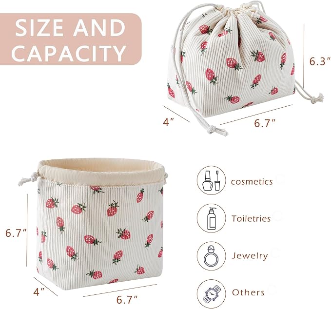 RSRSLEII Aesthetic Corduroy Drawstring Makeup Bag, Cute Coquette Drawstring Cosmetic Bag with Canvas Lining, Strawberry Pattern Travel Makeup Organizer Case for Women Girls(06 Strawberry)