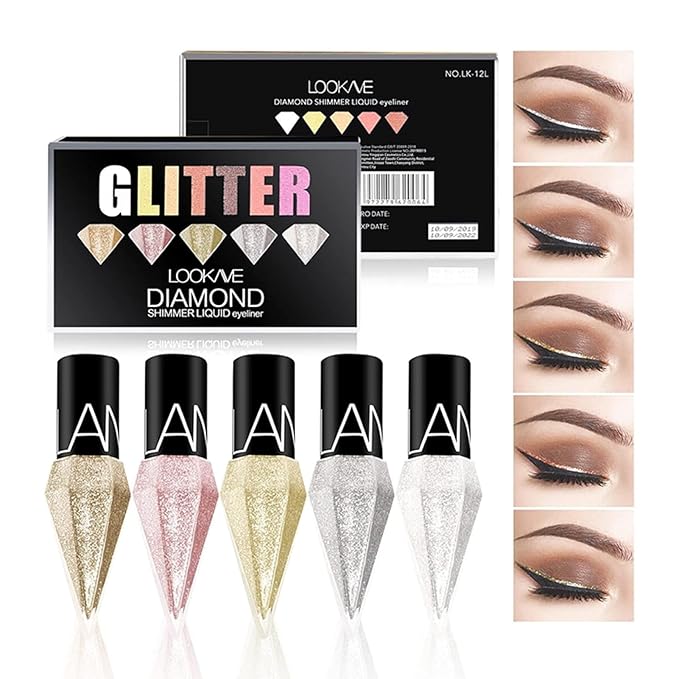 Glitter Liquid Eyeliner Colorful Set, 5 Colors Metallic Shimmer White Silver Gold Rose Eyeliner Waterproof Long Lasting Sparkle Glitter Liquid Eyeshadow Dazzling Valentine's Day Eye Makeup for Women