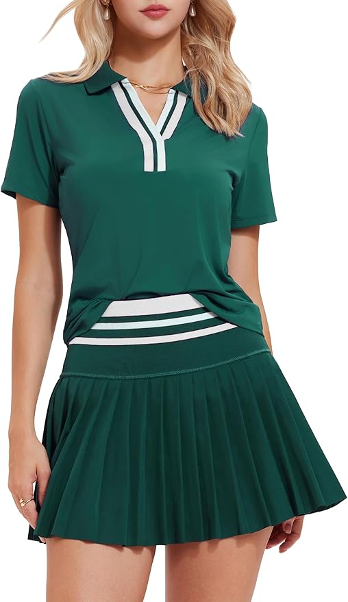 Tennis Skirt Set for Women Color Block V Neck Golf Pickleball Outfits Pleated Athletic Two Piece Skirts Sets