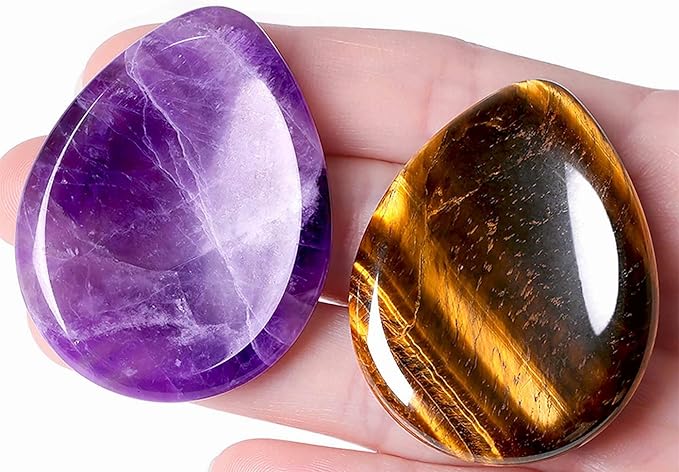QINJIEJIE 2PCS Worry Stone Amethyst Tiger's Eye Healing Crystals Hand Carved Gemstones Thumb Pocket Stones Meditation Crystal Reiki Water Drop Shaped Palm Stone for Anxiety Therapy