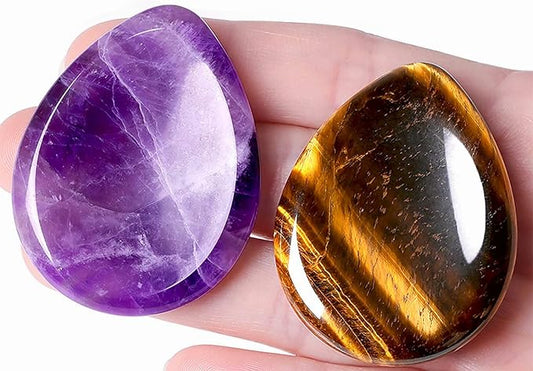 QINJIEJIE 2PCS Worry Stone Amethyst Tiger's Eye Healing Crystals Hand Carved Gemstones Thumb Pocket Stones Meditation Crystal Reiki Water Drop Shaped Palm Stone for Anxiety Therapy