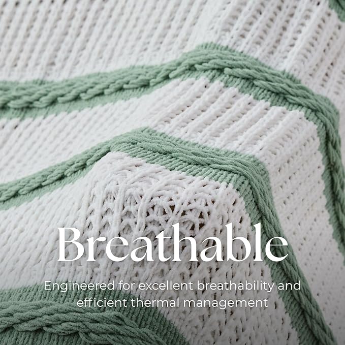Boho Knitted Chenille Blanket with Tassels - Lightweight & Soft All-Season Throw - 3D Classic Pattern for Living Room Bedroom Couch, Sage Green(Striped), King 90"x108"