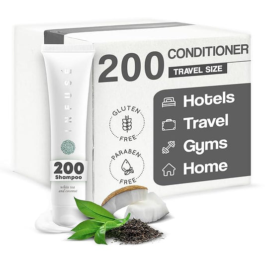 Travel Size Hotel Conditioner 200 Count 1 oz Bottles Guest Amenities for Hotels Vacation Rentals and Short Term Rentals Paraben Free White Tea and Coconut Scent Infused with Aloe & Olive Oil by INFUSE