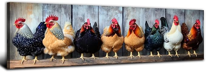 Country Chicken Wall Art Rooster Kitchen Wall Decor Rustic Farmhouse Coop Picture Canvas Prints for Dining Room Decorations Colorful Farm Animal Poster Painting Artwork Cabin Home Decor 14x48”