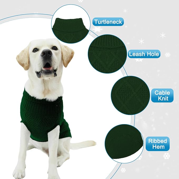 Mihachi Turtleneck Dog Sweater - Winter Coat Apparel Classic Cable Knit Clothes with Leash Hole for Cold Weather, Ideal Gift for Pet in New Year Army Green Medium/Large