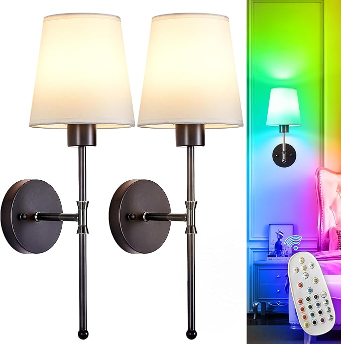 Depuley Battery Operated Wall Sconce: 19.9 Inch Set of 2 Wireless Wall Lights with Remote for Bedroom - Rechargeable 15 Colors Black Wall Lamp for Living Room Hallway Decor