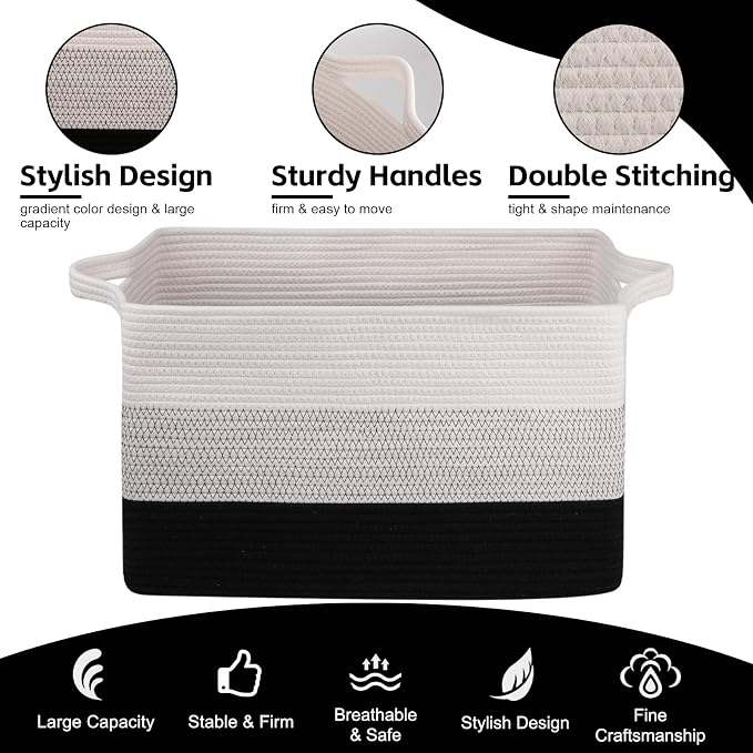 OIAHOMY Extra Large Blanket Basket, 95L Cotton Rope Woven Laundry Basket, Toy Bin for Baby Room, Container for Blanket Storage in Living Room, 24''×17''×14'', Gradient Black
