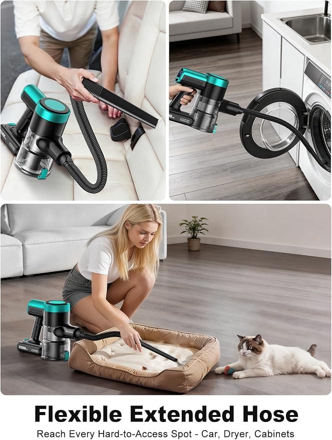 Cordless Vacuum Cleaner, 58KPa/60Mins 10 in 1 Self-Standing Stick Vacuum | 29-inch Hose and LED Lighting Brush, Anti-Tangle Brush &3 Suction Modes, Quiet Vacuum Cleaner for Home, Pet Hair/Carpet/Floor