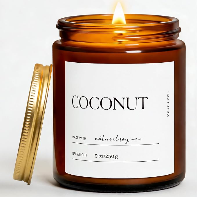 Coconut Scented Soy Candle for Home, Natural Aromatherapy Candles with Essential Oils, Nontoxic Clean Burn, Strong Balanced Scent, 50 Hour Longlasting, Amber Jar Candel for Women Men(9oz)