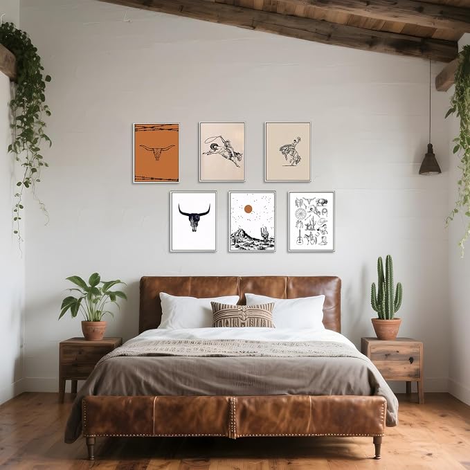 Vintage Western Cowboy Poster Set of 6, Southwestern Wall Art Longhorn Bull Skull Wall Decor Mid Century Retro Desert Canvas Painting Prints for Bedroom Living Room Dorm 8x10 inch Unframed